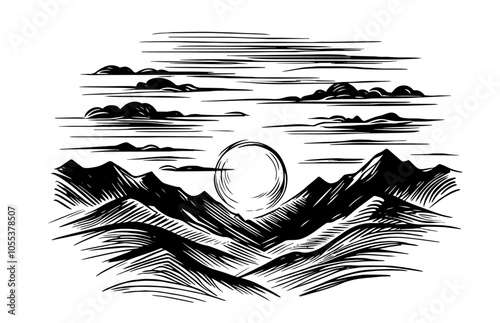 black vector sketch of mountain range with sun and cloud-filled sky