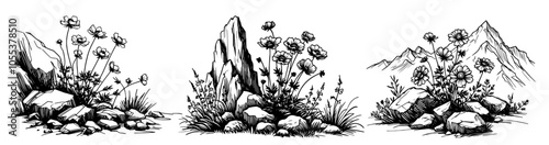 Mountain flora and rocky terrain illustrations – black vector