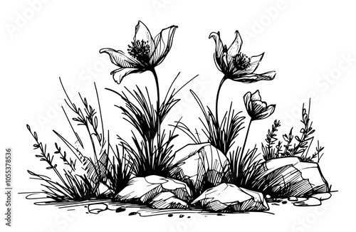 Set of wildflowers and rocks in mountain landscape – black vector