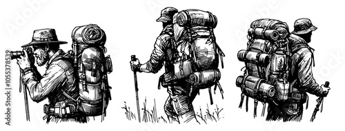 detailed illustration of hikers walking with trekking poles, black vector