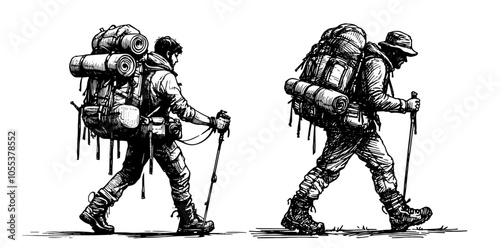 hikers with backpacks trekking in nature, detailed black vector illustration