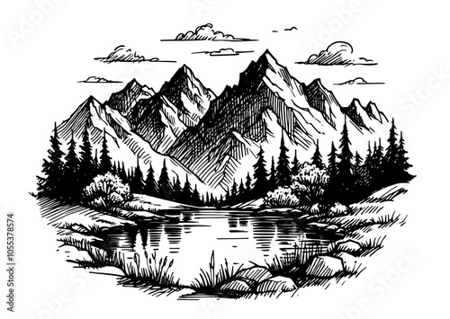 picturesque mountain valley with forest and river black vector