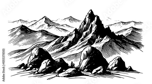 dramatic mountain scene with sun and clouds, detailed black vector