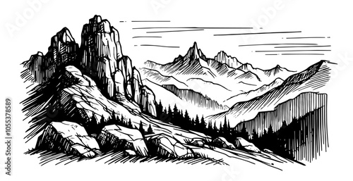 scenic mountain range with rising sun and detailed clouds, black vector art