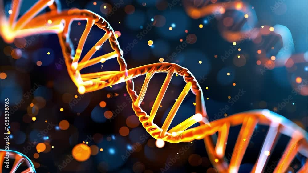 A close-up representation of a DNA double helix structure with a glowing, swirling background of bokeh effects. A close-up representation of a DNA double helix structure with a glowing, swirling background of bokeh effects.