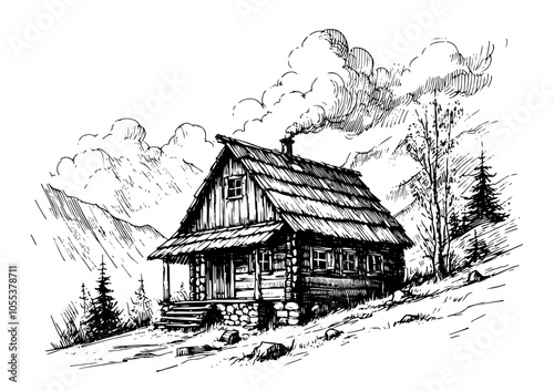 rustic wooden cabin on hillside surrounded by mountains, black vector