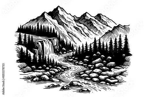 rustic mountain river landscape with trees black vector