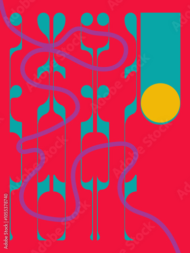 A vibrant and eye-catching abstract composition featuring organic shapes and flowing lines set against a bold red background. Perfect for modern and contemporary design projects