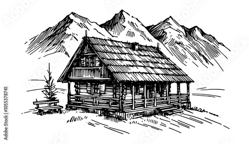 mountain cabin nestled in nature with pine trees, black vector illustration