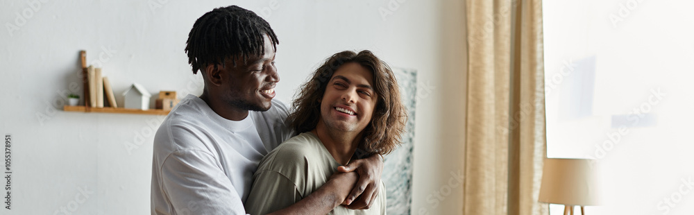 A loving couple shares laughter and warmth in their inviting living space during a quiet evening. A loving couple shares laughter and warmth in their inviting living space during a quiet evening.