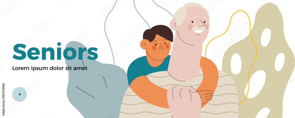 Cheerful senior man with kid. Grandparent embrace grandchild on abstract background. Senior man hold child hand on his chest. Modern flat vector illustration. Seniors. Landing page and website banner Cheerful senior man with kid. Grandparent embrace grandchild on abstract background. Senior man hold child hand on his chest. Modern flat vector illustration. Seniors. Landing page and website banner