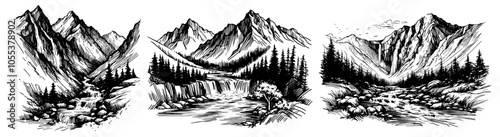 majestic mountain landscape with river and pine trees black vecto