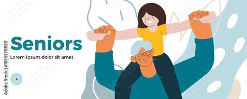 Grandchild sit on grandfathers shoulders, senior adult hold kids arms above his head on abstract background. Modern flat vector illustration. Seniors. Landing page and website banner template.