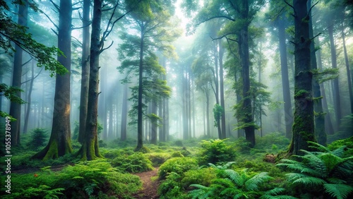 Ancient forest with tall trees and overgrown underbrush surrounded by misty fog, trees, mystical, landscape