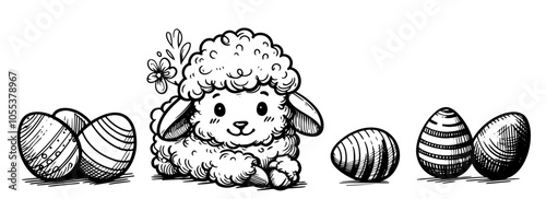 creative illustration of a playful lamb with decorative eggs, perfect for Easter cards and seasonal celebrations black vector