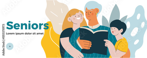 Cheerful senior woman with kids. Grandparent read a book to grandchildren on abstract background. Modern flat vector illustration. Seniors. Landing page and website banner template.