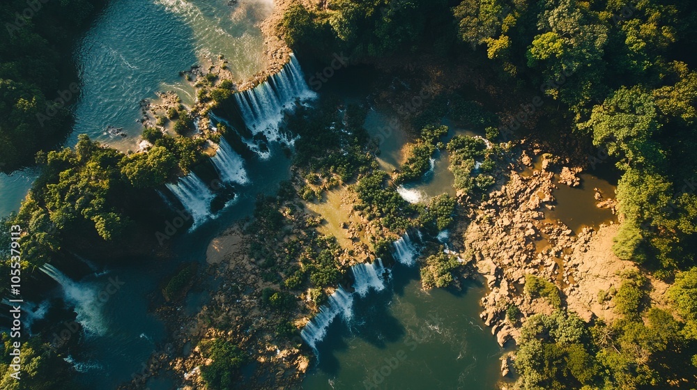 Aerial View of a Serene Waterfall in a Lush Tropical Forest Aerial View of a Serene Waterfall in a Lush Tropical Forest