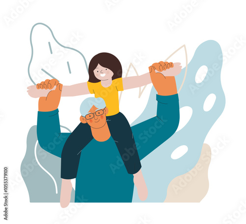 Grandchild sit on grandfathers shoulders, senior adult hold kids arms above his head on abstract background. Modern flat vector illustration. Seniors. Landing page and website banner template.