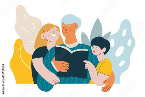 Cheerful senior woman with kids. Grandparent read a book to grandchildren on abstract background. Modern flat vector illustration. Seniors. Landing page and website banner template.
