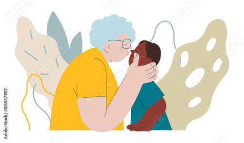 Cheerful senior woman with kid. Grandparent kissing grandchild on abstract background. Modern flat vector illustration. Seniors. Landing page and website banner template.