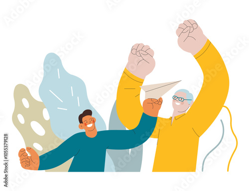Cheerful senior man with kid. Grandparent play with grandchild with paper airplane on abstract background. Modern flat vector illustration. Seniors. Landing page and website banner template.