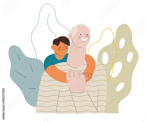 Cheerful senior man with kid. Grandparent embrace grandchild on abstract background. Senior man hold child hand on his chest. Modern flat vector illustration. Seniors. Landing page and website banner 