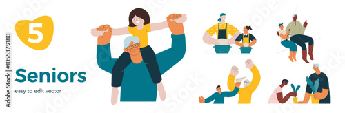 Collection of different cheerful senior man and woman with grandchildren perform different activities isolated  on white background. Modern flat vector illustration. Seniors. Landing page and website 