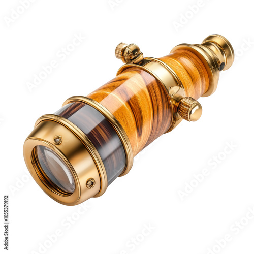 Vintage telescope with wooden and gold accents, on transparent background.