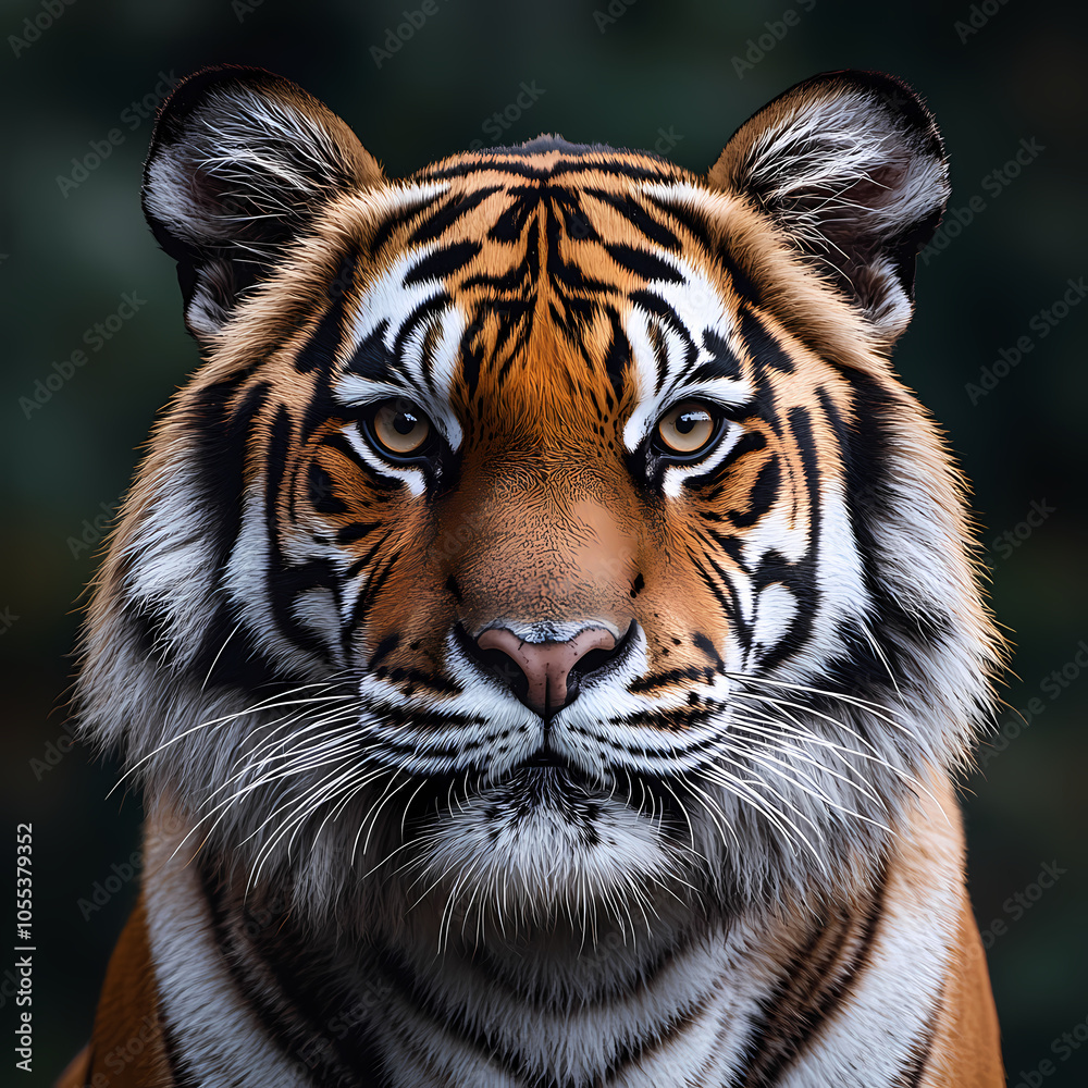 Fototapeta premium Tigers have powerful builds, bold orange fur with black stripes, and intense eyes. There is a sense of strength and grace about the tiger's face, with sharp features and a focused gaze.