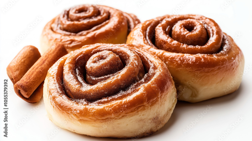 Close-up view of three freshly baked cinnamon rolls with a glossy glaze, accompanied by cinnamon sticks on a white background. Close-up view of three freshly baked cinnamon rolls with a glossy glaze, accompanied by cinnamon sticks on a white background.