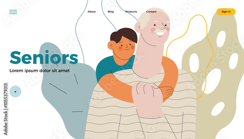 Cheerful senior man with kid. Grandparent embrace grandchild on abstract background. Senior man hold child hand on his chest. Modern flat vector illustration. Seniors. Landing page and website banner 