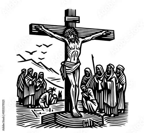 Religious illustration of crucifixion with radiant details – black vector