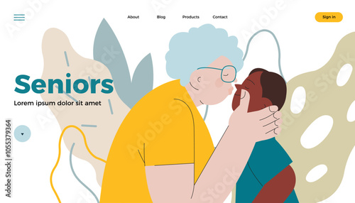 Cheerful senior woman with kid. Grandparent kissing grandchild on abstract background. Modern flat vector illustration. Seniors. Landing page and website banner template.