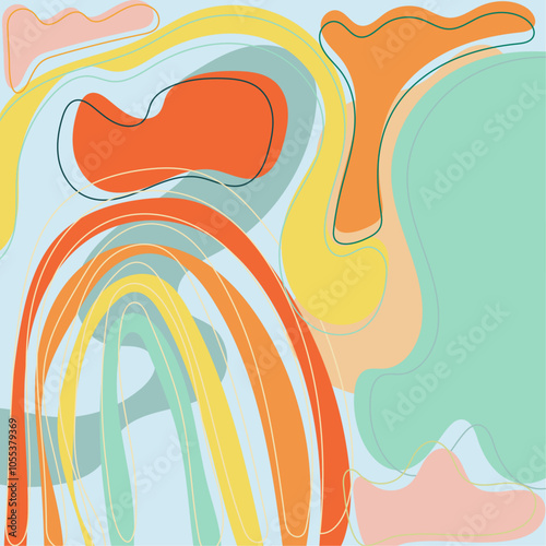 A vibrant and playful abstract composition featuring organic shapes and a rainbow arc. Perfect for modern and contemporary design projects.