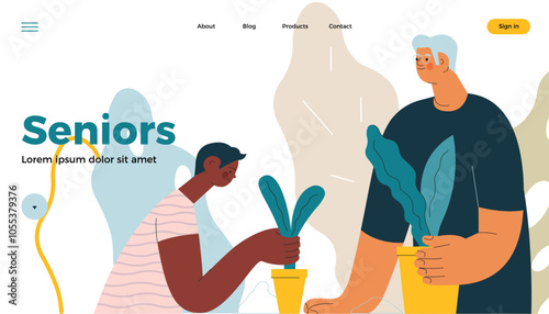Cheerful senior man with kid. Grandparent planting houseplants with grandchild on abstract background. Senior man gardening with child. Vector illustration. Seniors. Landing page and website banner