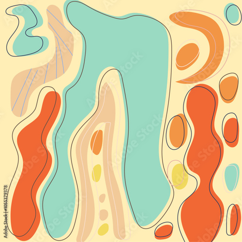 A vibrant and playful abstract composition featuring organic shapes set against a warm yellow background. Perfect for modern and contemporary design projects.