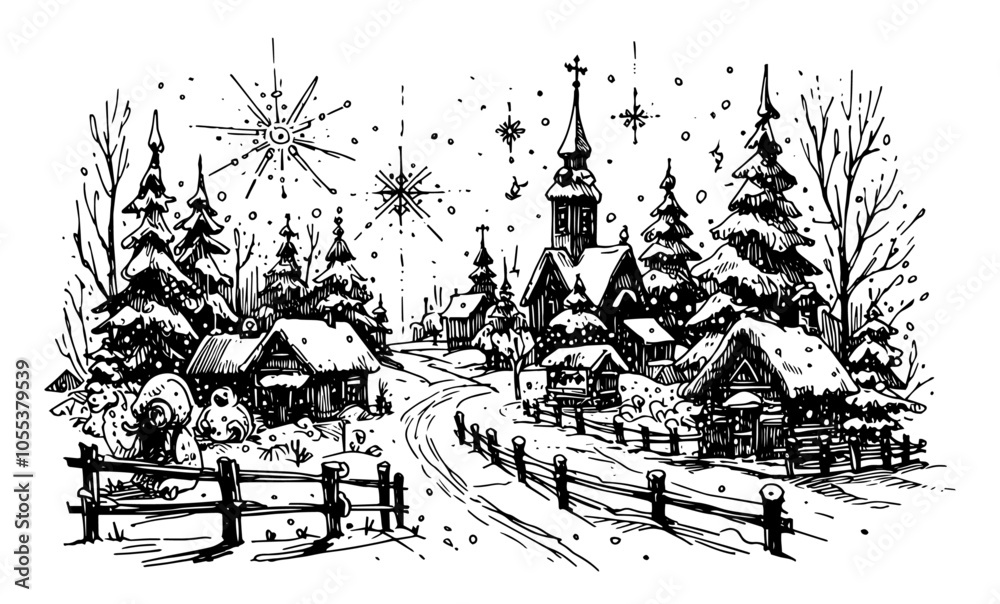 Obraz premium Winter Scene with Cottage and Snowman, Black and White Artwork