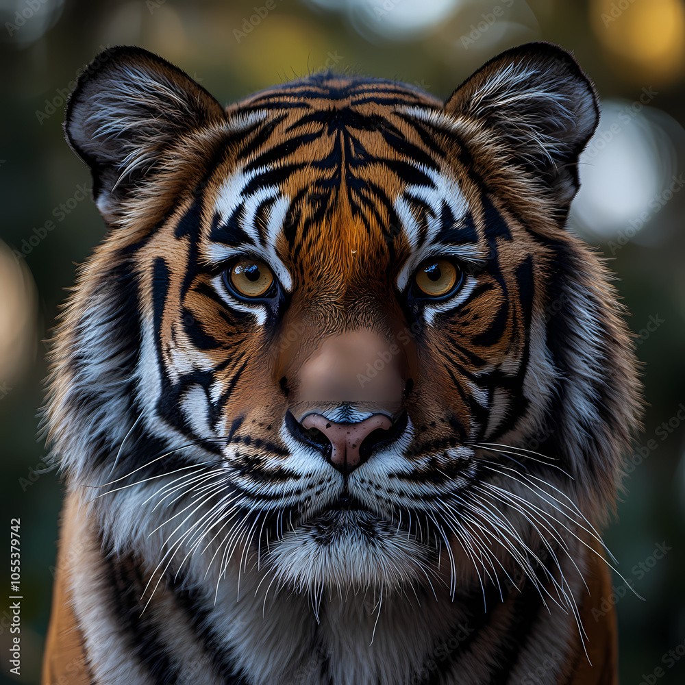 Obraz premium Tigers have powerful builds, bold orange fur with black stripes, and intense eyes. There is a sense of strength and grace about the tiger's face, with sharp features and a focused gaze.