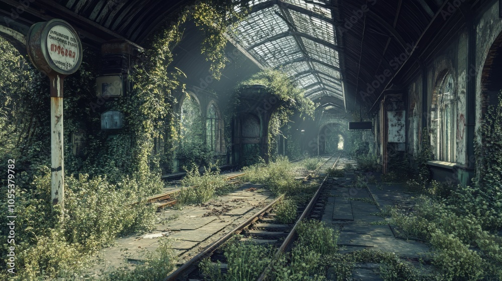 A deserted railway station, overgrown with weeds and vines, old signs faded A deserted railway station, overgrown with weeds and vines, old signs faded