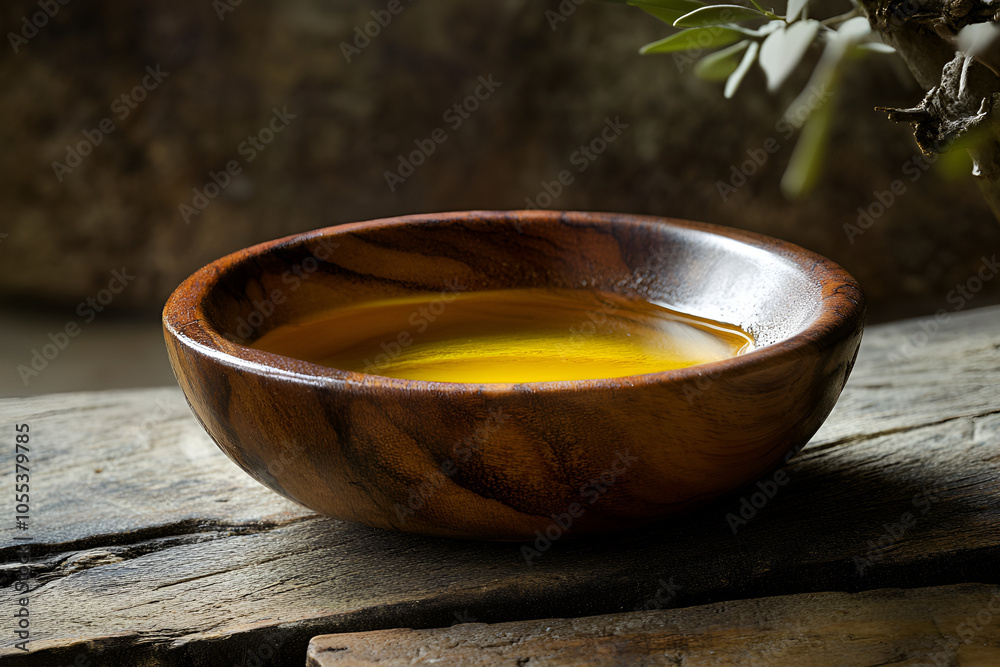 Wooden Bowl with Olive Oil , Olive Oil on Wooden Table Wooden Bowl with Olive Oil , Olive Oil on Wooden Table