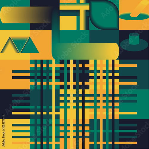 Abstract geometric design with green, yellow, and black rectangles and lines creating a grid pattern. Ideal for backgrounds, banners, or digital art projects.
