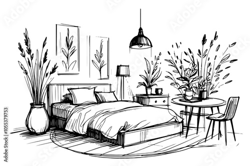 modern bedroom interior with plants and minimalist decor, black vector