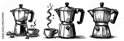 expressive line art drawing of a moka pot, capturing coffee-making essentials in a simple sketch black vector