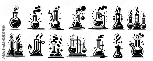 set of chemical test tubes in action, capturing the essence of laboratory experiments and research black vecto