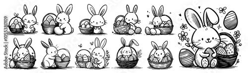 festive hand-drawn line art of easter bunny with basket of eggs, ready for coloring page fun black vector