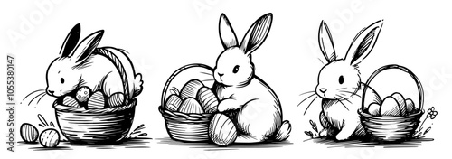 easter bunny illustration with egg basket, capturing charm and festivity in hand-drawn line art black vector