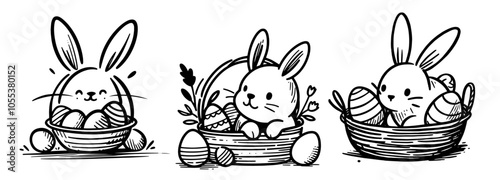 adorable line art of easter bunny with decorated egg basket, perfect for festive coloring black vector