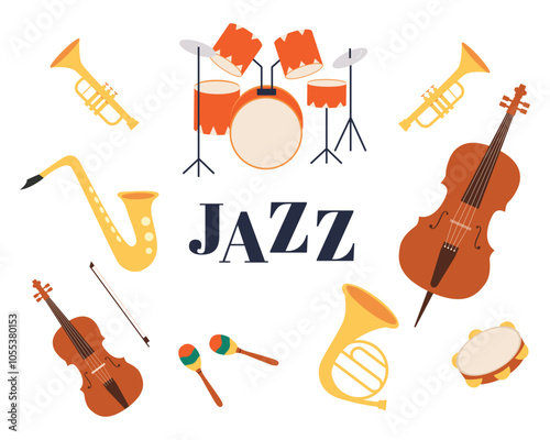 Jazz music instruments on isolated white background. Vector illustration cartoon flat style.