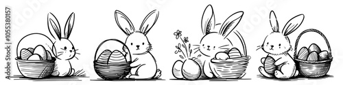 detailed easter bunny holding basket filled with eggs, designed in hand-drawn line art for coloring pages black vector