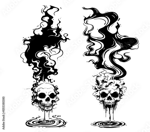 mysterious skulls with swirling smoke, dark black vector illustration